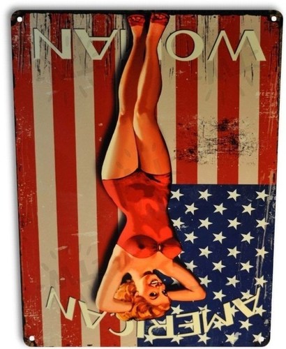 American Woman Flag Pin-up Girl Rustic Patriotic Bar Wall Decor Metal Tin Sign - Picture 4 of 4
