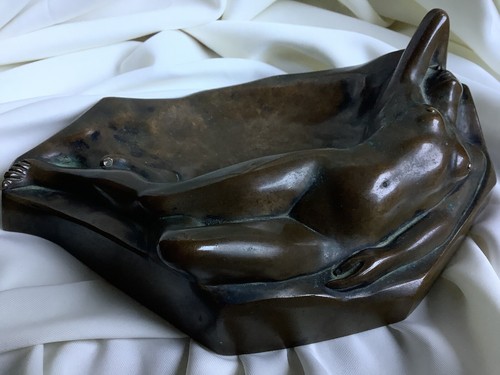 XL Antique Bronze Art Nouveau Nude Lady Girl Sleep Dream Jewelry Card Tray Large - Picture 8 of 23