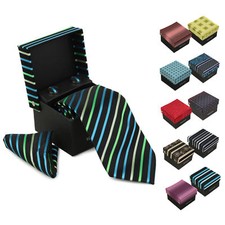 Berlioni Men's Silk Neck Tie Accessory Box Set With Cufflinks  Pocket Square
