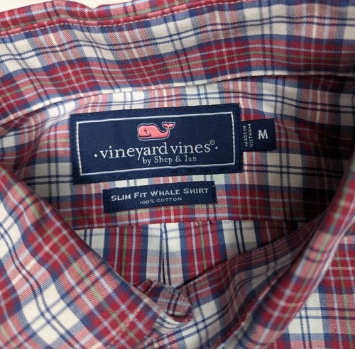 Vineyard Vines Button Front Slim Fit Poplin Whale Shirt Red Plaid Men's Medium - Picture 8 of 12