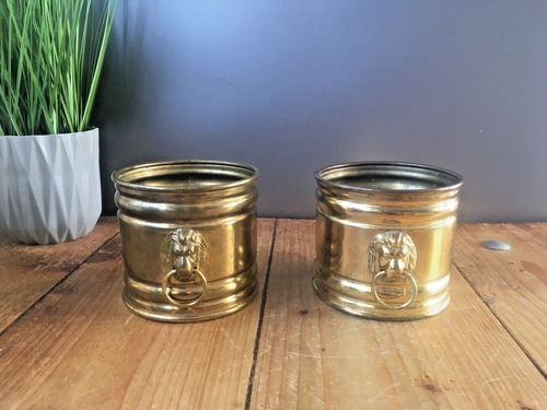 PAIR OF VINTAGE BATES BRASS LIONS HEAD HANDLES HERB CACTI PLANTERS PLANT POTS - Picture 7 of 15