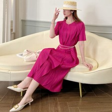 Luxury Round Neck Short Sleeve Pleated Ruffle Edge Dress Women Casual Long Dress