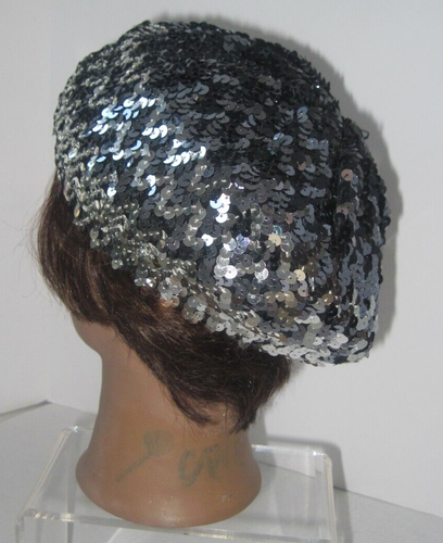 Women's Beret Hat Silver and Black Sequins One Size Beanie New - Picture 4 of 24
