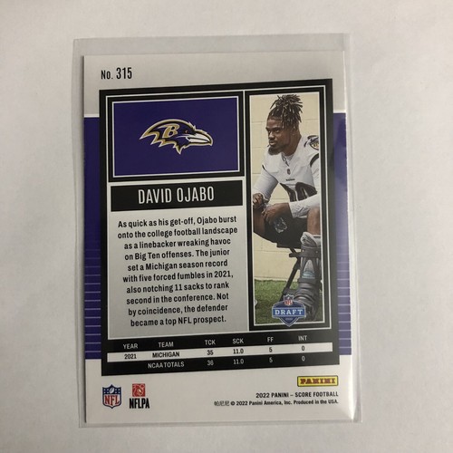 2022 Panini Score Base Rookie RC #315 David Ojabo Baltimore Ravens - Picture 2 of 2