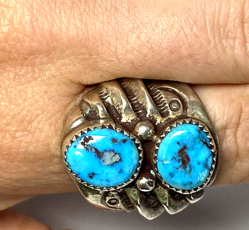 Vintage Native American 2 Turquoise Men's Ring 21.4 gr Sterling 925 Size 10.75 - Picture 5 of 13
