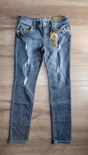 Vintage Wax Jeans Women's Beautiful Bling Backs & Front Distressed Jeans Size:9 - Picture 9 of 19