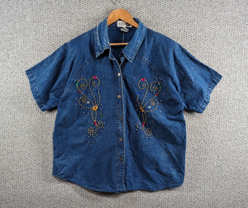 CLUB Z Vintage Damen Hemd blau Denim bunte Strass Western Knopf 22