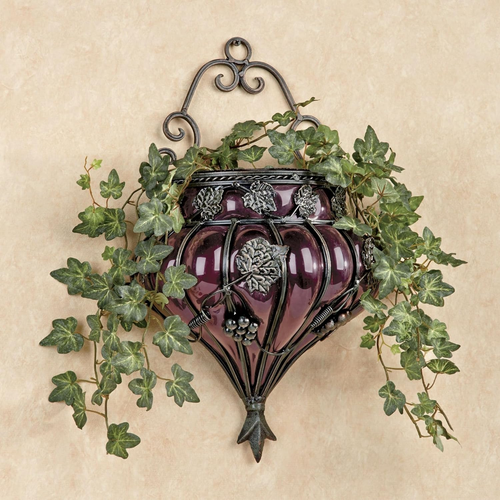Grape Vase Wall Accent - Metal, Glass - Purple, Antique Bronze - Vineyard Grapev - Picture 4 of 4