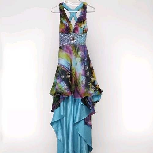 Camille La Vie Crisscross Back Embelished Floral Long Train Hi Low Prom Dress 0 - Picture 9 of 16