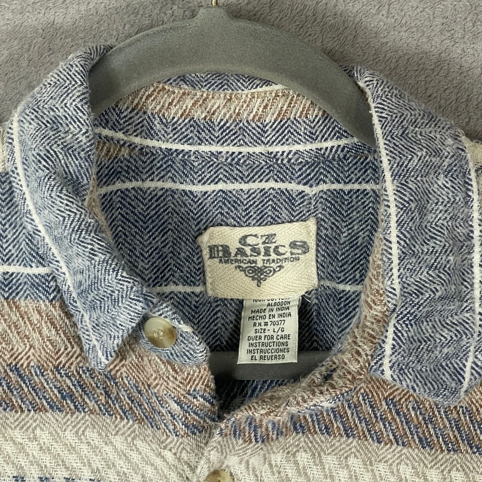 Vintage CZ Basics Flannel Shirt Mens Size L Blue Stripe Heavy Long Sleeve Large - Image 4 of 4