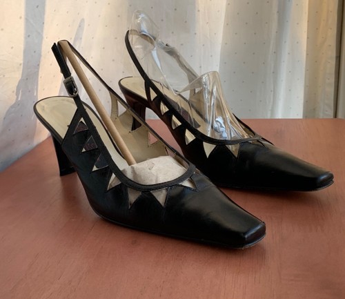 Designer Elena Ricci Black Pump Sandal Shoes Leather Made In Italy SZ 37.5  7.5 - Picture 2 of 6