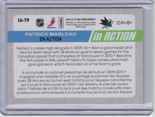 10/11 OPC San Jose Sharks Patrick Marleau In Action card #IA-19 - Picture 2 of 2