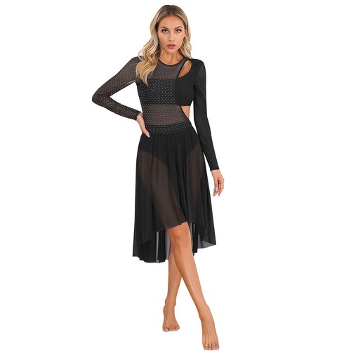 Damen Tanzkleidung Langarm Kostüm asymmetrischer Saum Tanzkleid moderner Rock - Bild 35 von 60