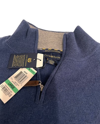 Club Room Mens Pullover Fleece Blue Mock Neck Cashmere 1/4 Zip Tight Knit L New - Picture 2 of 11