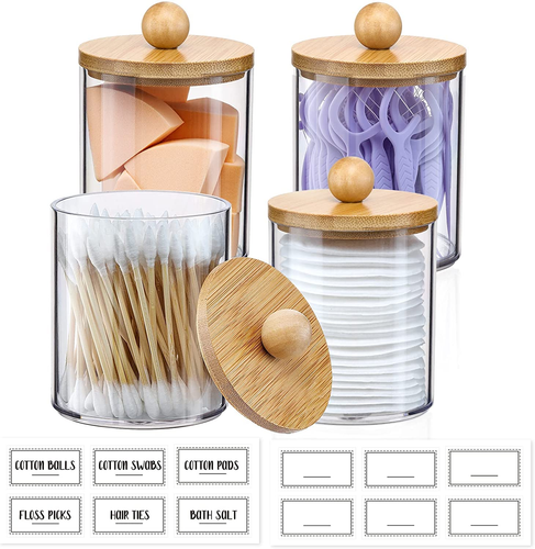 4 Pack Qtip Holder Dispenser with Bamboo Lids - 10 Oz Clear Plastic Apothecary J - Picture 2 of 12