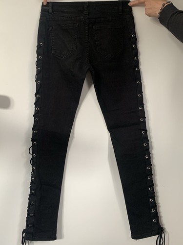 Black Goth Punk Rockabilly Lace Up Skinny Trousers Jeans BANNED size S - Picture 2 of 5