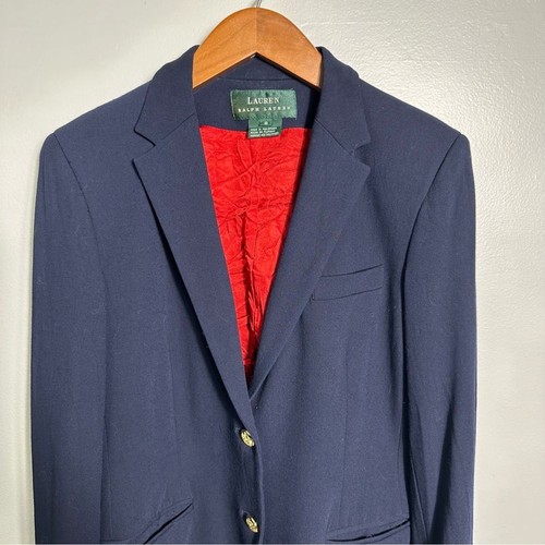 LAUREN Ralph Lauren Navy Office Work Blazer Size 8 Red Interior Gold Button - Picture 10 of 16