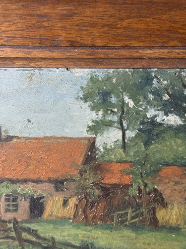 Antique European Oil On Board Rural Farm Scene Unknown Artist Solid Wood Frame - Picture 8 of 15