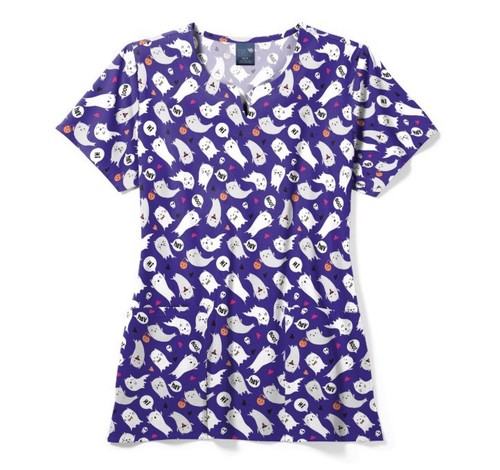 Zoe + Chloe Purr-Anormal Cativity Ghosts Purple Halloween 3X 3XL scrub top cats