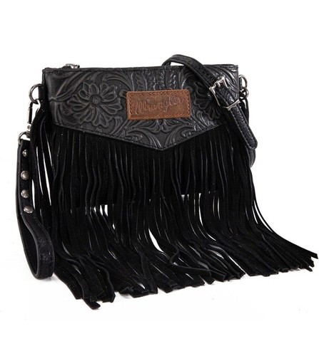 Wrangler Floral Embossed Fringe Wristlet / Crossbody Bag Black Western