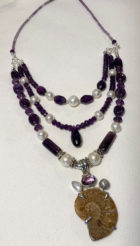 SS .925 AMETHYST PEARL NECKLACE EARRINGS W/ AMMONITE w BALI BEADS - Imagen 12 de 12