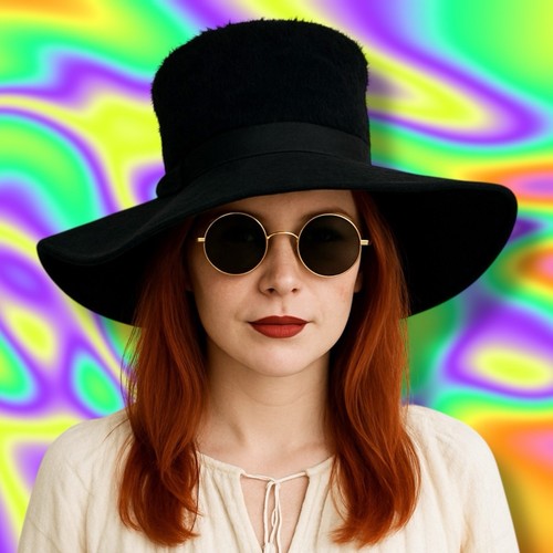 Vintage 1960's Black Wide Brim Hat Boucle Crown Mod Wool Felt Ribbon Bow Glam - Picture 3 of 11