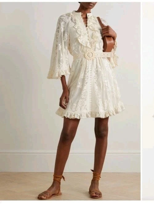 OFF WHITE Mini abito Zimmermann Tiggy in pizzo con volant bianco sporco taglia AU 0 da sposa