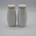 Vintage Japan Ceramic Salt & Pepper Shakers White Gold Band Pair Mid Century