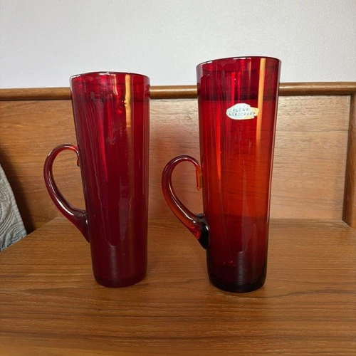 Blenko 3627-H Chimney Highball Glasses With Handles In Ruby