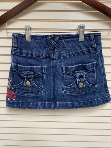 Pelle Pelle Girls Denim Mini Skirt Size 5 Red Gold Embroidered Scroll Studs Y2K - Picture 2 of 16