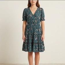 Inspired Hearts Floral Mini Dress Womens Large Teal Tiered Ruffle Boho Sundress