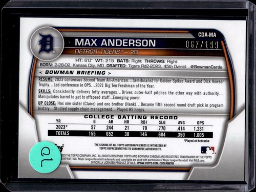 2023 Bowman Max Anderson Chrome Autographs Aqua Lava Refractor #/199 - Picture 2 of 2