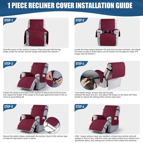 100% Waterproof Recliner Covers, Recliner Sofa Covers with Leg Straps, Revers... - Foto 7 di 8