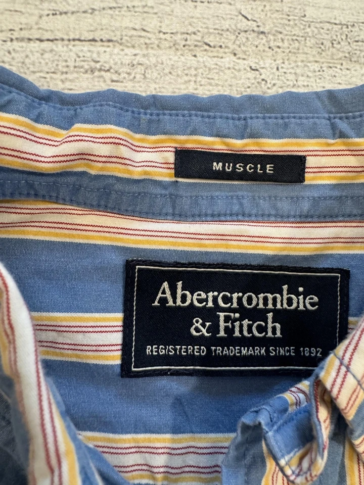 Abercrombie & Fitch Shirt Mens Large Blue Yellow Striped Muscle Button Down - Image 2 of 4