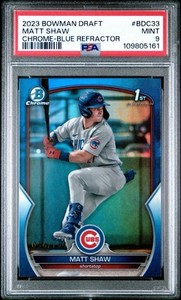 MATT SHAW 1st 2023 Bowman Chrome BLUE REFRACTOR/150 Cubs RC GEM MINT PSA 9