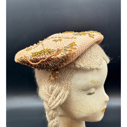 Vintage 1950s 1960s Nat Frank Hat Cap Beaded Rattan Straw peach Copper - Picture 2 of 10