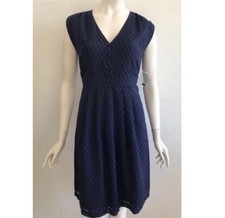 ModCloth Navy Fit n Flare V Neck Midi Pleats Sleeveless Dress Sz L Romantic NWOT