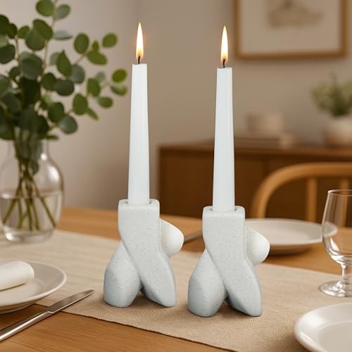Candlestick Holders Ceramic Warm White Matte Finish With Aesthetic Random Dots - Picture 4 of 7