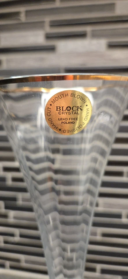 Pair Block Crystal Celebration Hollow Stem Champagne Flutes Gold Rim 10" New - Image 4 of 4