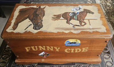 Stunning Hand-Painted Funny Cide Kentucky Derby/Preakness Wooden Chest, DeLong