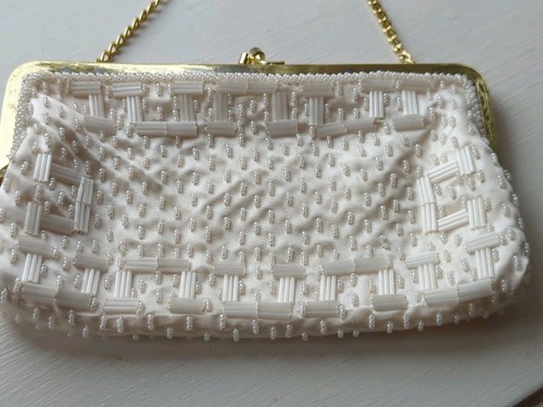 Vintage White Beaded  Evening Bag Purse Handbag Clutch Walborg Made Hong Kong - Picture 2 of 20