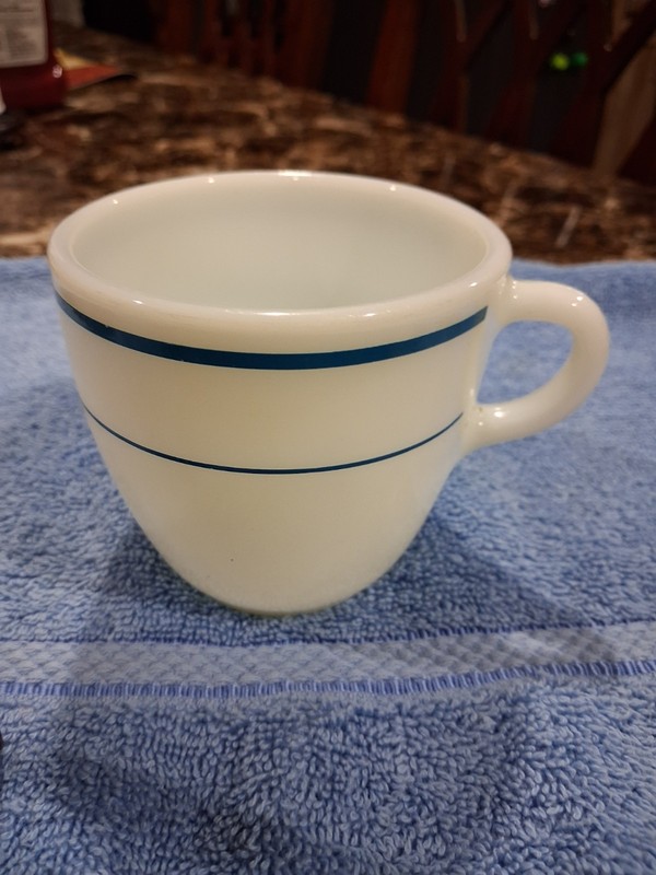 Pyrex Tableware By Corning White Milk Glass Coffee Cup/Mug Teal Blue Stripe 723
