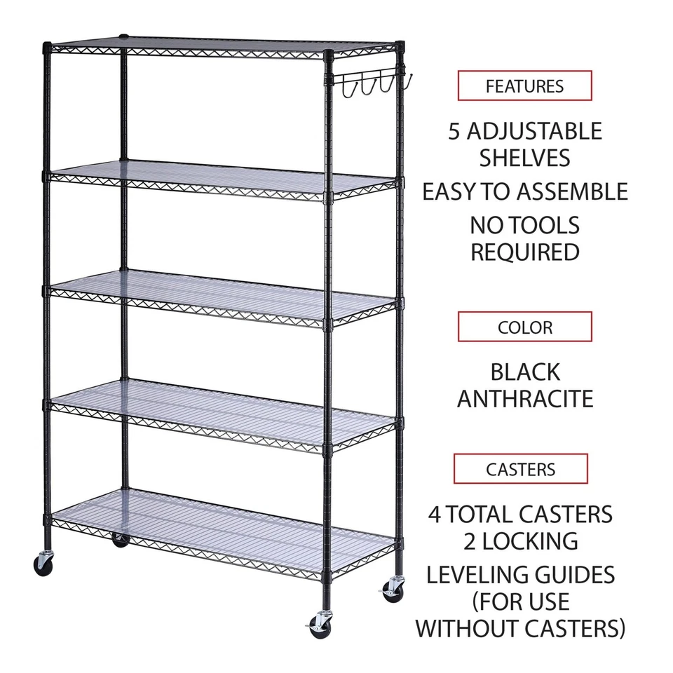 Kit de Estanterías de Alambre de 5 Estantes con Ruedas y Forros de Estantes, 48w X 18d X 72h, Bla... Foto 3 de 4
