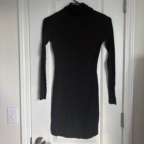 Lulus Damen Langarm Mock Neck Bodycon Midi Gerippt Stretch Schwarz Kleid Gr. XS