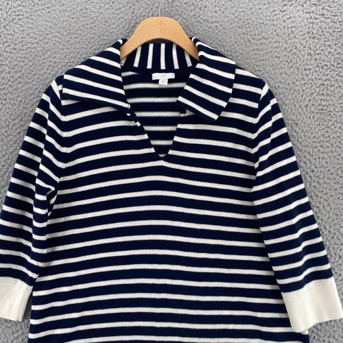 J Jill Sweater Womens Medium Petite Navy White Striped Collared V Neck Pullover - Picture 2 of 11