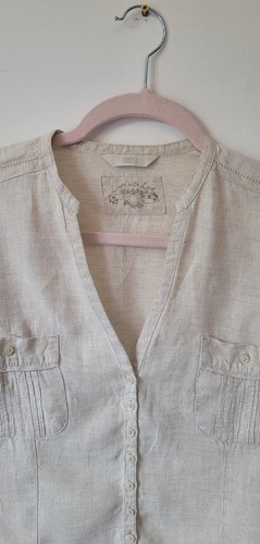 Marks and Spencer Linen Blouse UK 14 Oatmeal Button Up 3/4 Roll Tab Sleeves Top - Picture 10 of 19