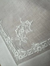 Antique 19th Century Linon White Embroidery Handkerchief circa 1890 41x43 Monogram CF