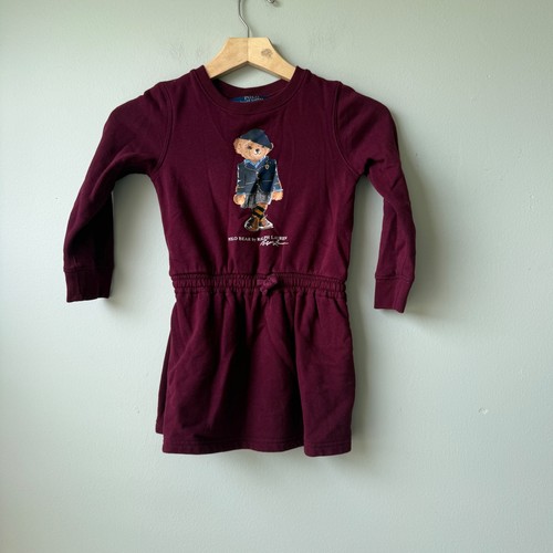 Polo Ralph Lauren Dress Polo Bear Burgundy Long Sleeve Kids Size 5 - Picture 2 of 5