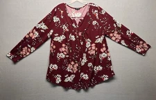 Folunsi women maroon floral print long sleeve v neck flowing comfort shirt 3X
