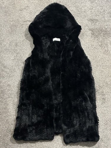 Yves Salomon Women’s Size 32 Rex Rabbit Fur Hooded Vest Black - Picture 1 of 9